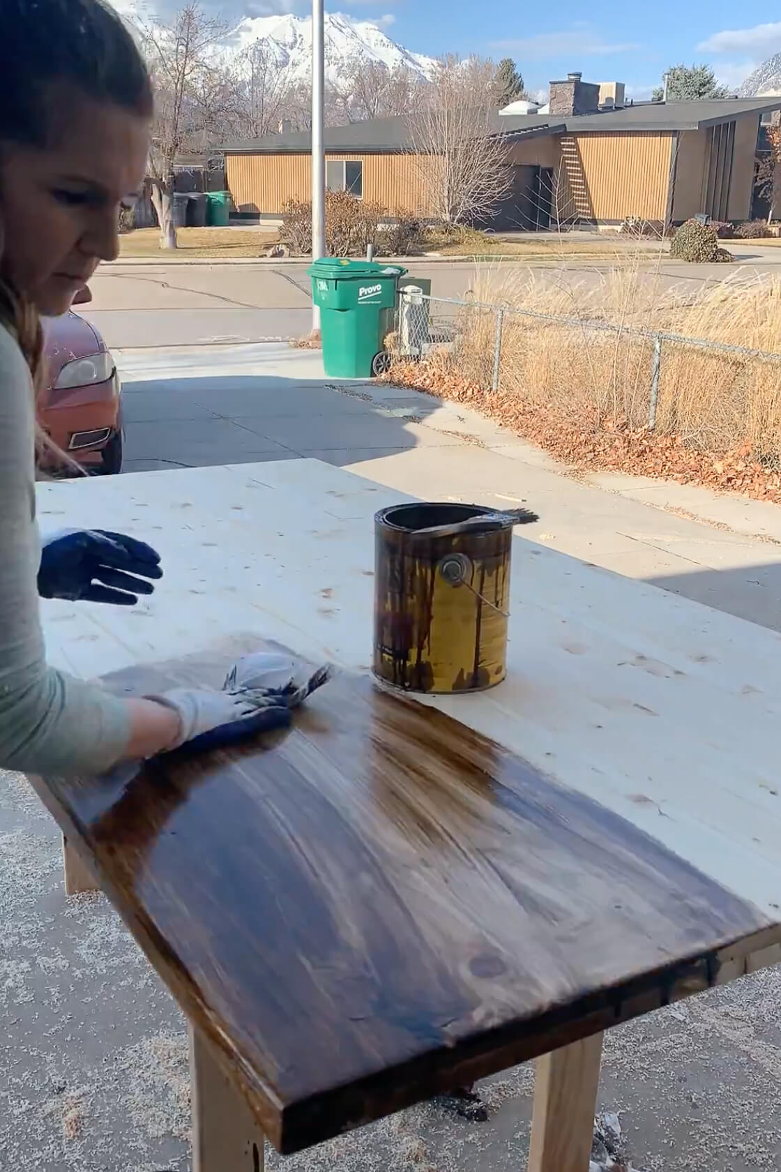 Staining a wood table top for DIY dining table.